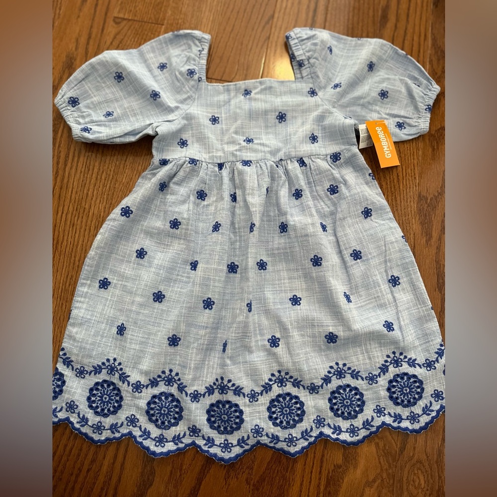 NWT Gymboree Light Blue Dress with Navy Floral Embroidery